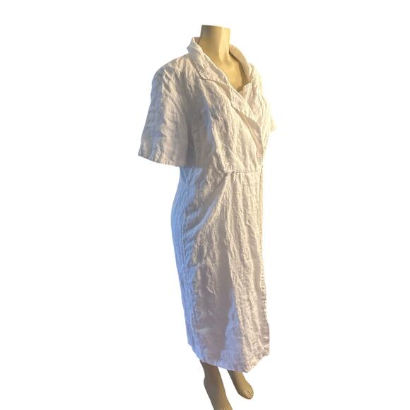 Women M Free People 100% Linen White Wrap Dress Short Sleeved Midi Collared - Picture 1 of 6